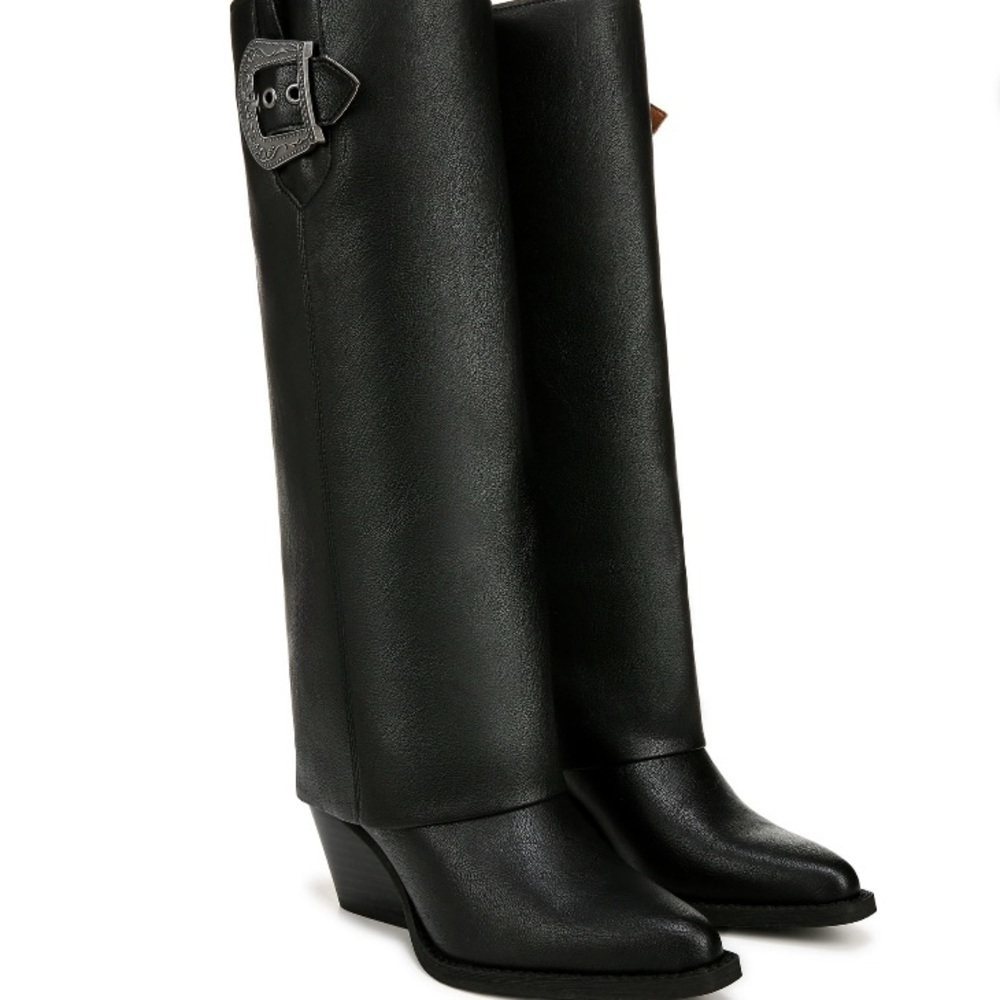 Rowena Black Knee High Boots 9M Western Buckle Block Heel NWT